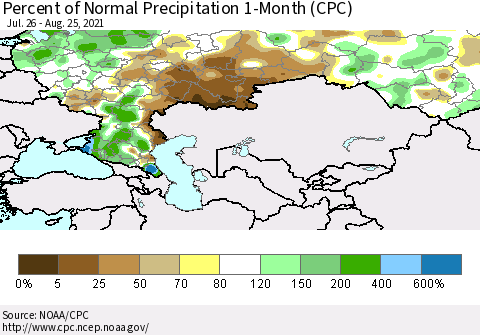 Russian Federation Percent of Normal Precipitation 1-Month (CPC) Thematic Map For 7/26/2021 - 8/25/2021
