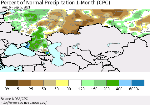 Russian Federation Percent of Normal Precipitation 1-Month (CPC) Thematic Map For 8/6/2021 - 9/5/2021