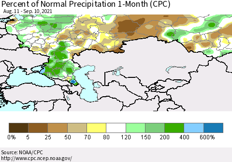 Russian Federation Percent of Normal Precipitation 1-Month (CPC) Thematic Map For 8/11/2021 - 9/10/2021
