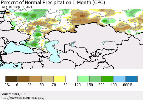 Russian Federation Percent of Normal Precipitation 1-Month (CPC) Thematic Map For 8/16/2021 - 9/15/2021