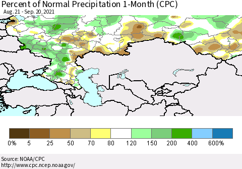 Russian Federation Percent of Normal Precipitation 1-Month (CPC) Thematic Map For 8/21/2021 - 9/20/2021