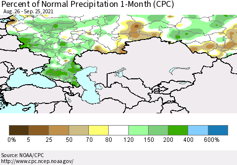 Russian Federation Percent of Normal Precipitation 1-Month (CPC) Thematic Map For 8/26/2021 - 9/25/2021