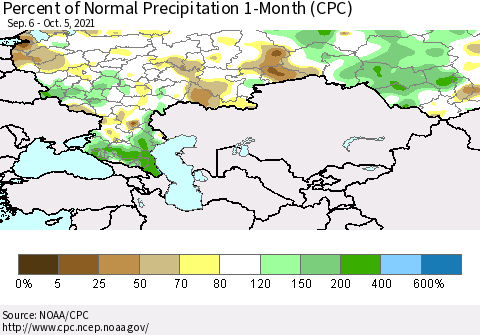 Russian Federation Percent of Normal Precipitation 1-Month (CPC) Thematic Map For 9/6/2021 - 10/5/2021
