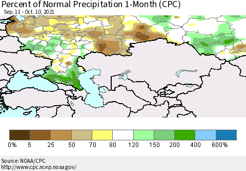 Russian Federation Percent of Normal Precipitation 1-Month (CPC) Thematic Map For 9/11/2021 - 10/10/2021