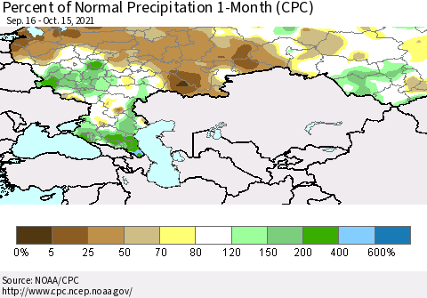 Russian Federation Percent of Normal Precipitation 1-Month (CPC) Thematic Map For 9/16/2021 - 10/15/2021