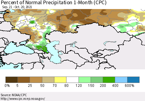 Russian Federation Percent of Normal Precipitation 1-Month (CPC) Thematic Map For 9/21/2021 - 10/20/2021