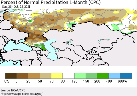 Russian Federation Percent of Normal Precipitation 1-Month (CPC) Thematic Map For 9/26/2021 - 10/25/2021