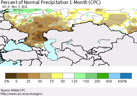 Russian Federation Percent of Normal Precipitation 1-Month (CPC) Thematic Map For 10/6/2021 - 11/5/2021