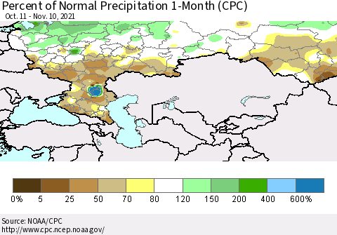 Russian Federation Percent of Normal Precipitation 1-Month (CPC) Thematic Map For 10/11/2021 - 11/10/2021