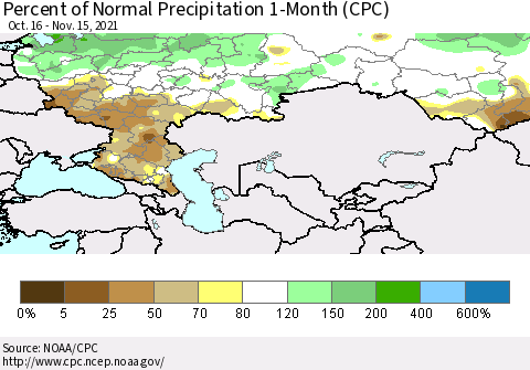 Russian Federation Percent of Normal Precipitation 1-Month (CPC) Thematic Map For 10/16/2021 - 11/15/2021