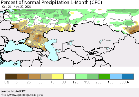 Russian Federation Percent of Normal Precipitation 1-Month (CPC) Thematic Map For 10/21/2021 - 11/20/2021