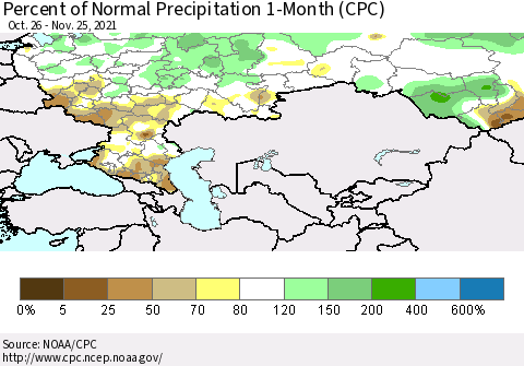Russian Federation Percent of Normal Precipitation 1-Month (CPC) Thematic Map For 10/26/2021 - 11/25/2021