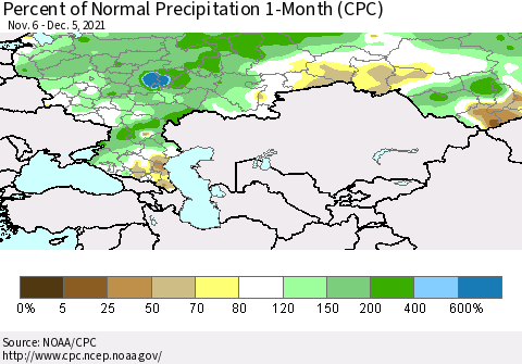 Russian Federation Percent of Normal Precipitation 1-Month (CPC) Thematic Map For 11/6/2021 - 12/5/2021