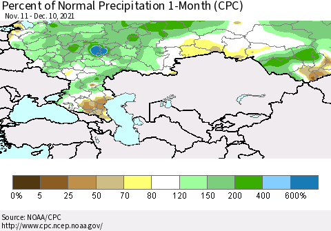 Russian Federation Percent of Normal Precipitation 1-Month (CPC) Thematic Map For 11/11/2021 - 12/10/2021