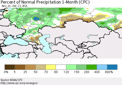 Russian Federation Percent of Normal Precipitation 1-Month (CPC) Thematic Map For 11/16/2021 - 12/15/2021