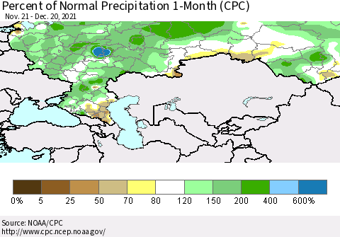 Russian Federation Percent of Normal Precipitation 1-Month (CPC) Thematic Map For 11/21/2021 - 12/20/2021