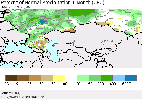 Russian Federation Percent of Normal Precipitation 1-Month (CPC) Thematic Map For 11/26/2021 - 12/25/2021