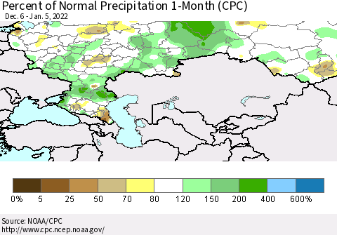 Russian Federation Percent of Normal Precipitation 1-Month (CPC) Thematic Map For 12/6/2021 - 1/5/2022