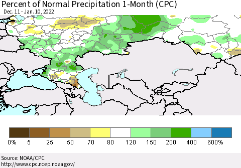 Russian Federation Percent of Normal Precipitation 1-Month (CPC) Thematic Map For 12/11/2021 - 1/10/2022
