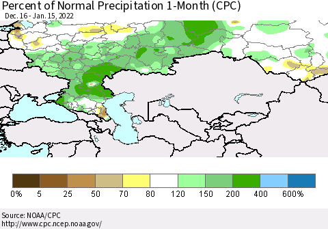 Russian Federation Percent of Normal Precipitation 1-Month (CPC) Thematic Map For 12/16/2021 - 1/15/2022