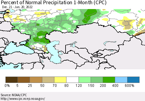 Russian Federation Percent of Normal Precipitation 1-Month (CPC) Thematic Map For 12/21/2021 - 1/20/2022