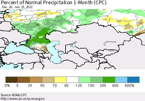 Russian Federation Percent of Normal Precipitation 1-Month (CPC) Thematic Map For 12/26/2021 - 1/25/2022