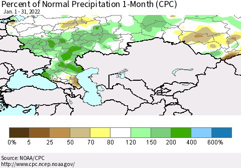 Russian Federation Percent of Normal Precipitation 1-Month (CPC) Thematic Map For 1/1/2022 - 1/31/2022