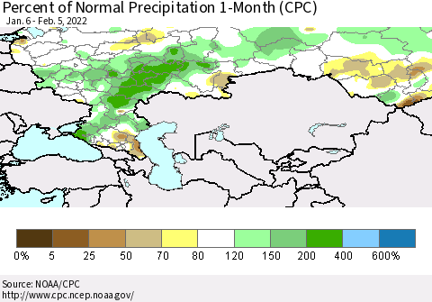 Russian Federation Percent of Normal Precipitation 1-Month (CPC) Thematic Map For 1/6/2022 - 2/5/2022