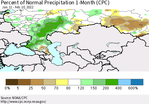Russian Federation Percent of Normal Precipitation 1-Month (CPC) Thematic Map For 1/11/2022 - 2/10/2022