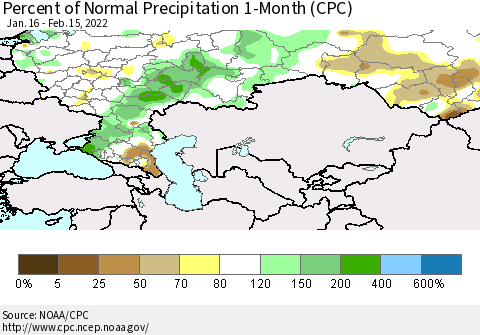 Russian Federation Percent of Normal Precipitation 1-Month (CPC) Thematic Map For 1/16/2022 - 2/15/2022