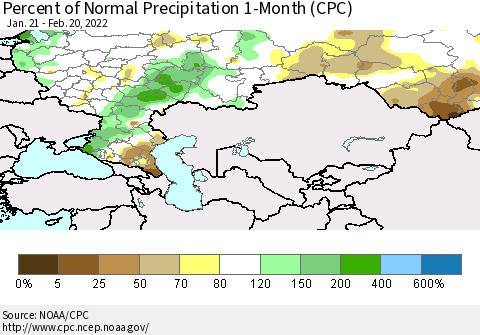 Russian Federation Percent of Normal Precipitation 1-Month (CPC) Thematic Map For 1/21/2022 - 2/20/2022