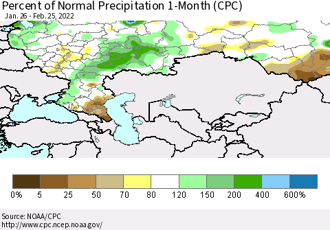 Russian Federation Percent of Normal Precipitation 1-Month (CPC) Thematic Map For 1/26/2022 - 2/25/2022