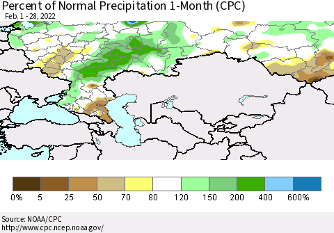 Russian Federation Percent of Normal Precipitation 1-Month (CPC) Thematic Map For 2/1/2022 - 2/28/2022