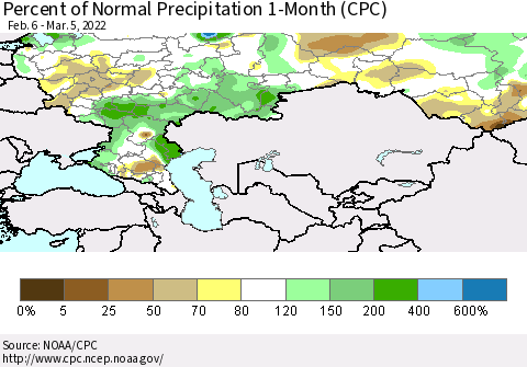 Russian Federation Percent of Normal Precipitation 1-Month (CPC) Thematic Map For 2/6/2022 - 3/5/2022