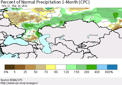 Russian Federation Percent of Normal Precipitation 1-Month (CPC) Thematic Map For 2/11/2022 - 3/10/2022