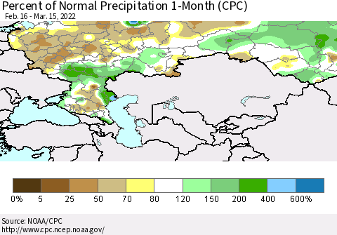 Russian Federation Percent of Normal Precipitation 1-Month (CPC) Thematic Map For 2/16/2022 - 3/15/2022