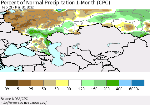 Russian Federation Percent of Normal Precipitation 1-Month (CPC) Thematic Map For 2/21/2022 - 3/20/2022