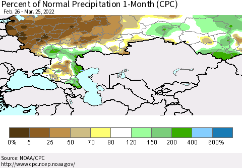 Russian Federation Percent of Normal Precipitation 1-Month (CPC) Thematic Map For 2/26/2022 - 3/25/2022