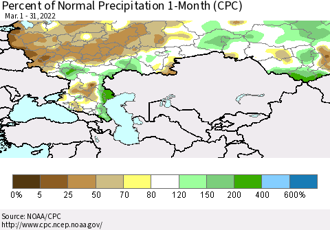 Russian Federation Percent of Normal Precipitation 1-Month (CPC) Thematic Map For 3/1/2022 - 3/31/2022