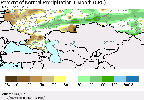 Russian Federation Percent of Normal Precipitation 1-Month (CPC) Thematic Map For 3/6/2022 - 4/5/2022
