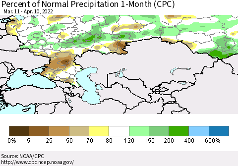 Russian Federation Percent of Normal Precipitation 1-Month (CPC) Thematic Map For 3/11/2022 - 4/10/2022