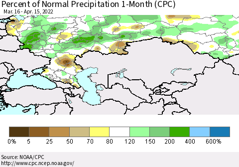 Russian Federation Percent of Normal Precipitation 1-Month (CPC) Thematic Map For 3/16/2022 - 4/15/2022