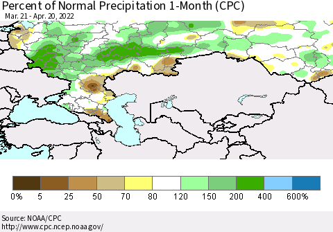 Russian Federation Percent of Normal Precipitation 1-Month (CPC) Thematic Map For 3/21/2022 - 4/20/2022