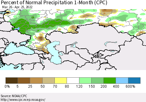 Russian Federation Percent of Normal Precipitation 1-Month (CPC) Thematic Map For 3/26/2022 - 4/25/2022