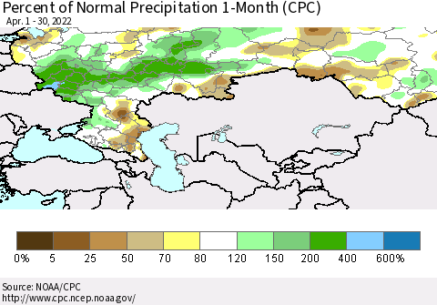 Russian Federation Percent of Normal Precipitation 1-Month (CPC) Thematic Map For 4/1/2022 - 4/30/2022