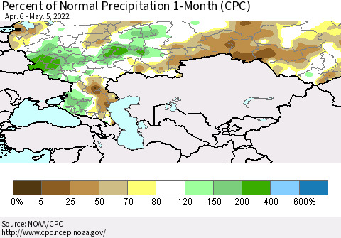 Russian Federation Percent of Normal Precipitation 1-Month (CPC) Thematic Map For 4/6/2022 - 5/5/2022