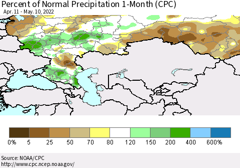 Russian Federation Percent of Normal Precipitation 1-Month (CPC) Thematic Map For 4/11/2022 - 5/10/2022