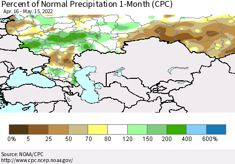 Russian Federation Percent of Normal Precipitation 1-Month (CPC) Thematic Map For 4/16/2022 - 5/15/2022