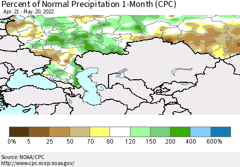 Russian Federation Percent of Normal Precipitation 1-Month (CPC) Thematic Map For 4/21/2022 - 5/20/2022