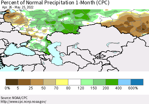 Russian Federation Percent of Normal Precipitation 1-Month (CPC) Thematic Map For 4/26/2022 - 5/25/2022